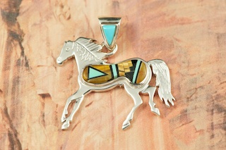 Genuine Picture Jasper, Black Jade and Turquoise inlaid in Sterling Silver Horse Pendant. Precision inlay on the Bale and Pendant. Free 18